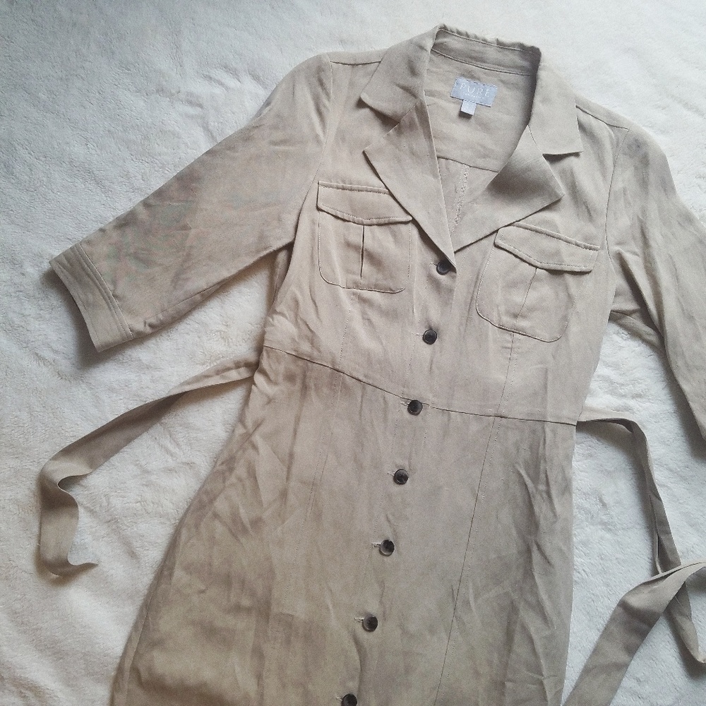Pure Collection Silk Linen Khaki Tan Button Dress